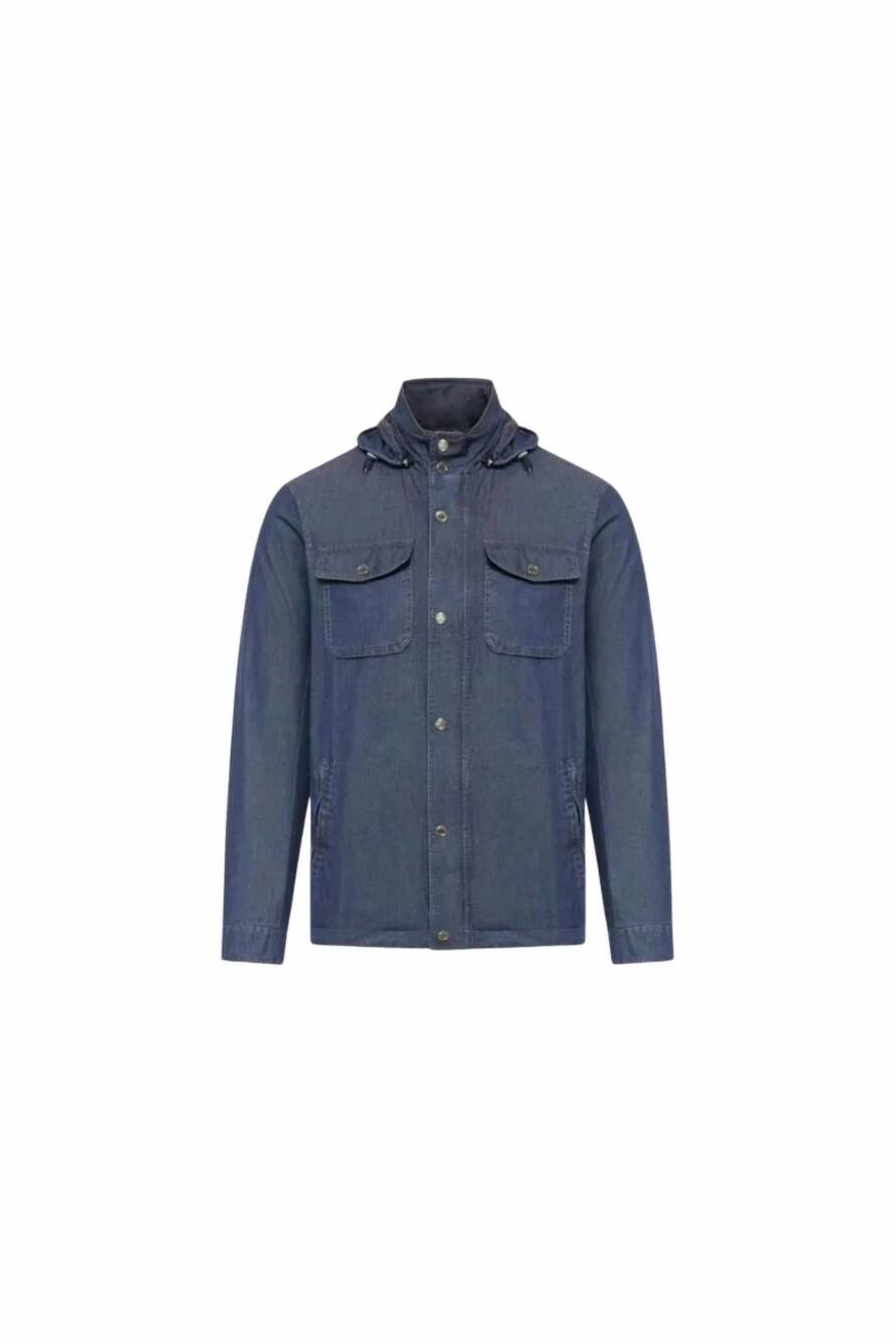 NEW MOORER men's hooded button front field jacket in denim